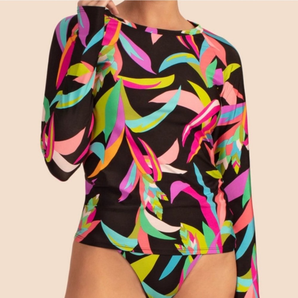 Trina Turk Swim Cover Up Top Birds of Paradise Rashguard Medium Colorful